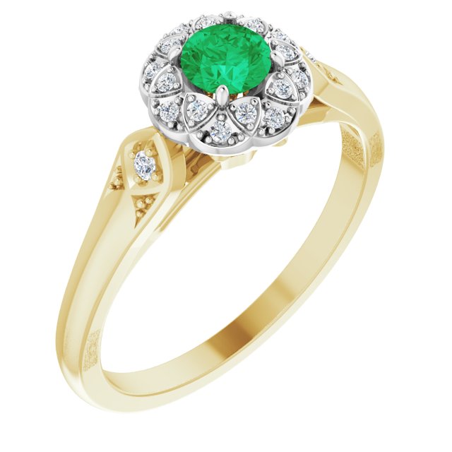 14K Yellow/White Natural Emerald & 1/10 CTW Natural Diamond Ring 